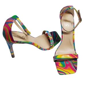 Rouge Helium Groovy Patent Neon Multicolor Square Toe Sandals Heels Sz 10